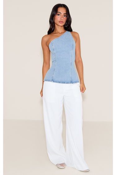 Petite Light Blue Wash Asymmetric Open Back Denim Top