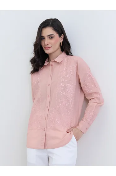 Pink Embroidered Regular Fit Shirt
