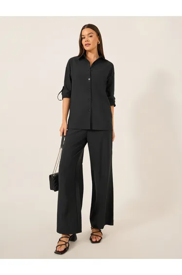 Solid Long Sleeve Shirt and Wide Leg Pants Co-Ords