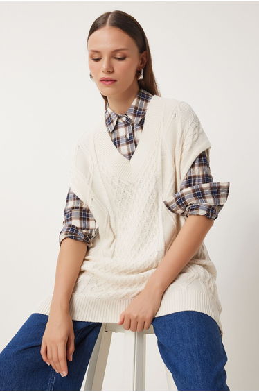 Women's Cream V-Neck Motif Long Knitwear Sweater