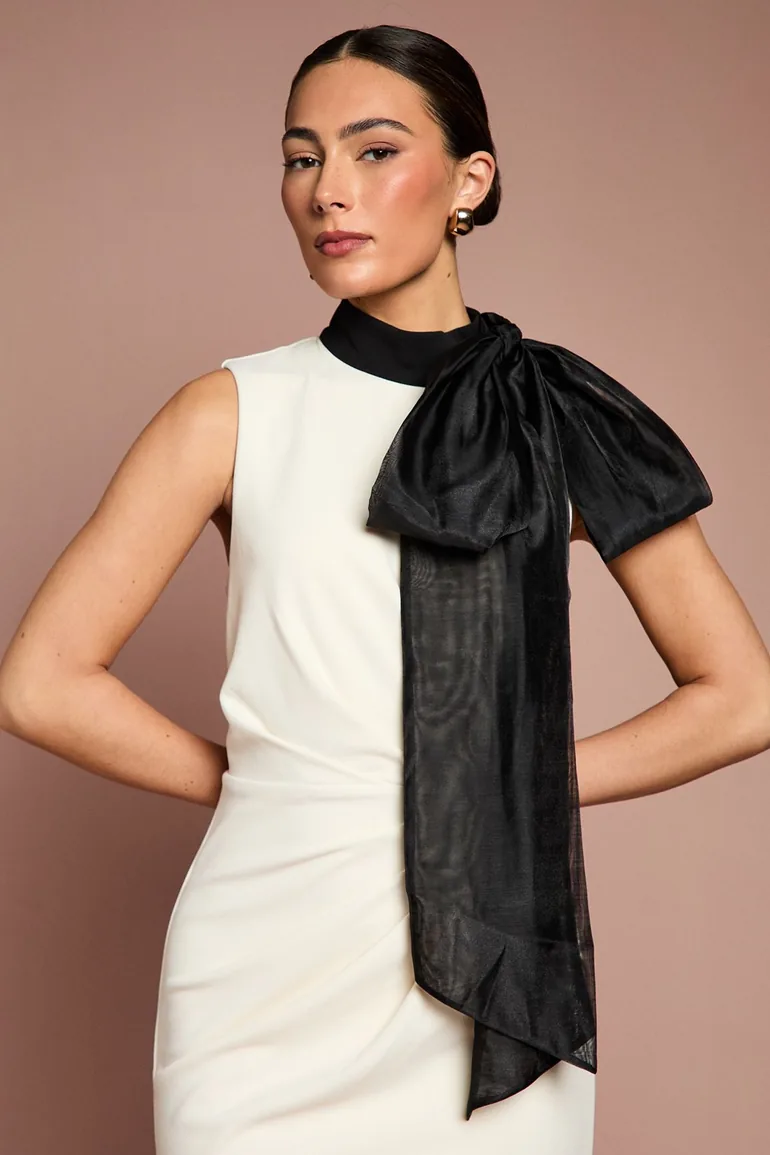 Lisa Tan Stretch Crepe Organza bow Column Midi Dress - 1