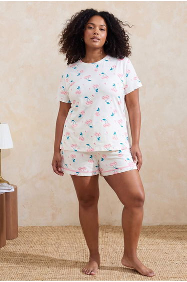 Ecru Cherry Patterned Knitted Large Size Pajama Set