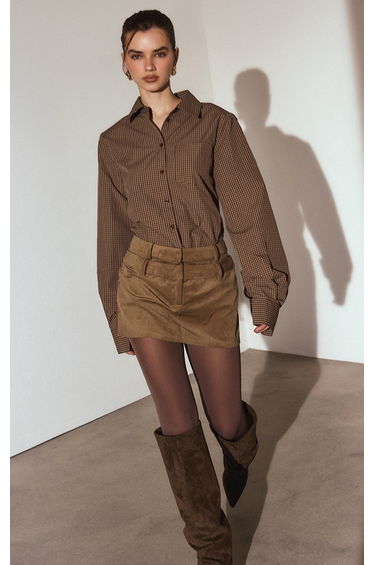 Brown Corduroy Double Waistband Mini Skirt