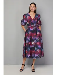 فستان ميدي تويل بحزام بطبعة أزهار