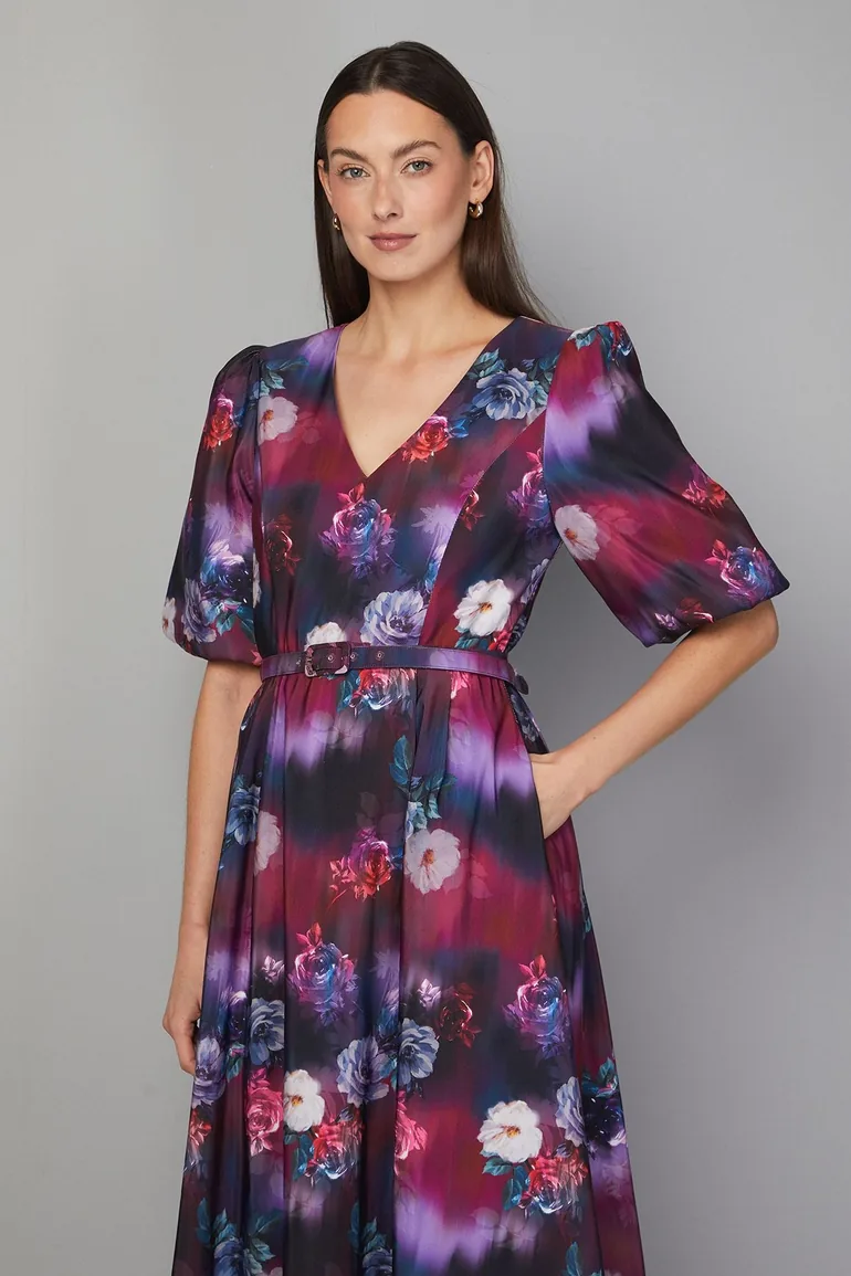 فستان ميدي تويل بحزام بطبعة أزهار - 1