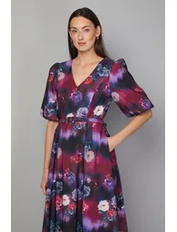 فستان ميدي تويل بحزام بطبعة أزهار - 1