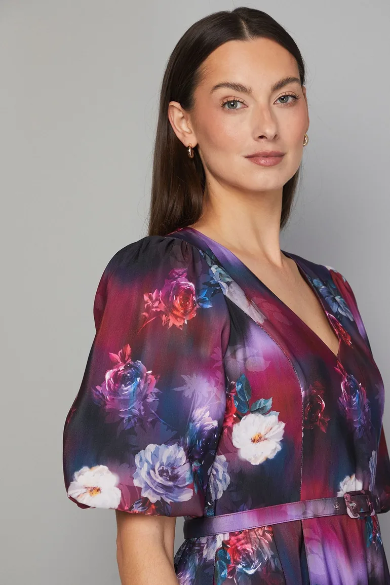 فستان ميدي تويل بحزام بطبعة أزهار - 3