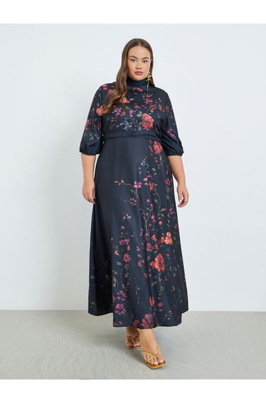 Plus Size Floral Print Belted A-Line Maxi Dress