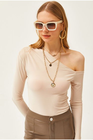 Women's Stone Asymmetric Collar Lycra Sandy Blouse