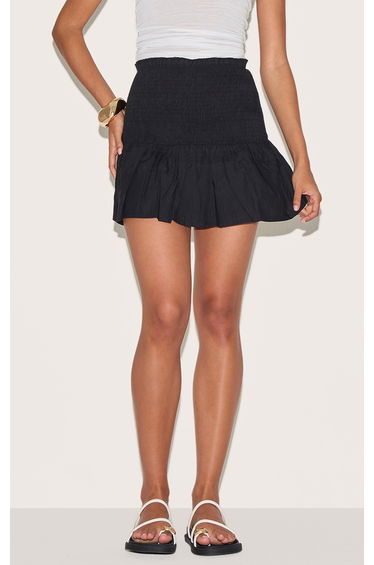 Black Cotton Shirred Drop Waist Mini Skirt
