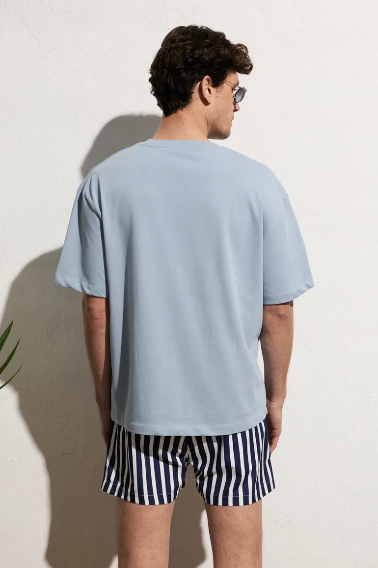 GRIMELANGE DUNNO Men 100% Organic Cotton Crew Neck Regular Fit Blue T-Shirt - 4