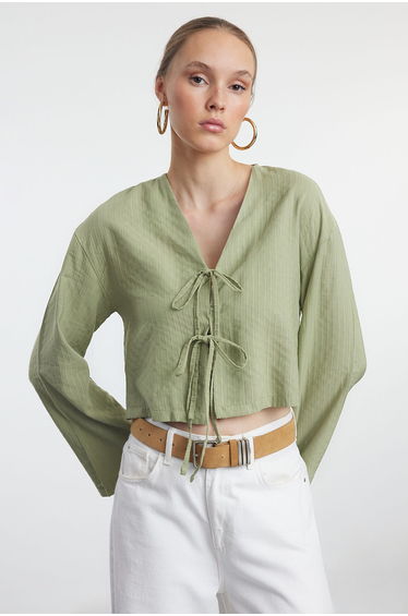 Green Tie Detailed Striped Shirt