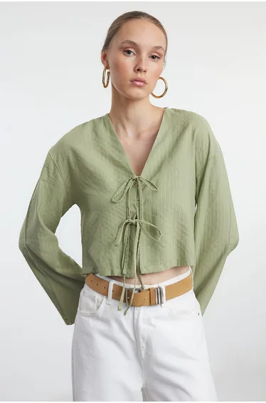 Green Tie Detailed Striped Shirt