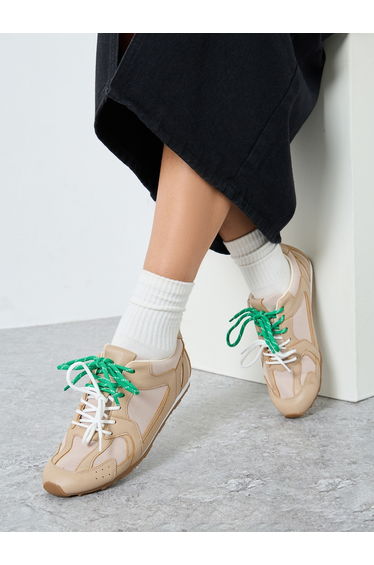Beige Panelled Lace Up Sneakers