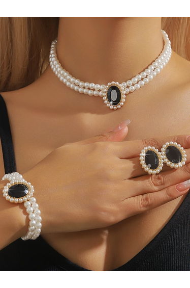 3-Piece Round Rhinestone Drop Faux Pearl Embellished Layered Necklace, Bracelet and Earrings Jewelry Set