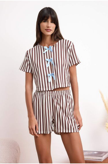 Brown 3-Piece Striped Ribbon Detailed Knitted Pajamas Set