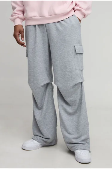 Wide Leg Cargo Pocket Toggle Raw Waistband Jogger - grey marl