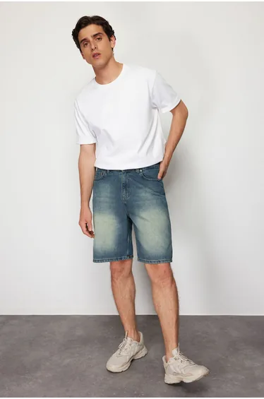Men Blue Wide Cut Loose Vintage Denim Jeans Shorts