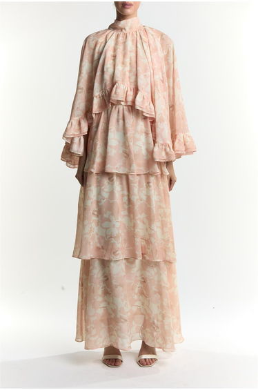 Cream Painted Floral Kendra Cape Long Sleeve Tiered Maxi-Dress