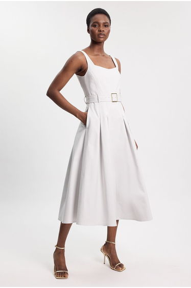 Premium Cotton Tailored Fabric Belted Buckle Midi Dress