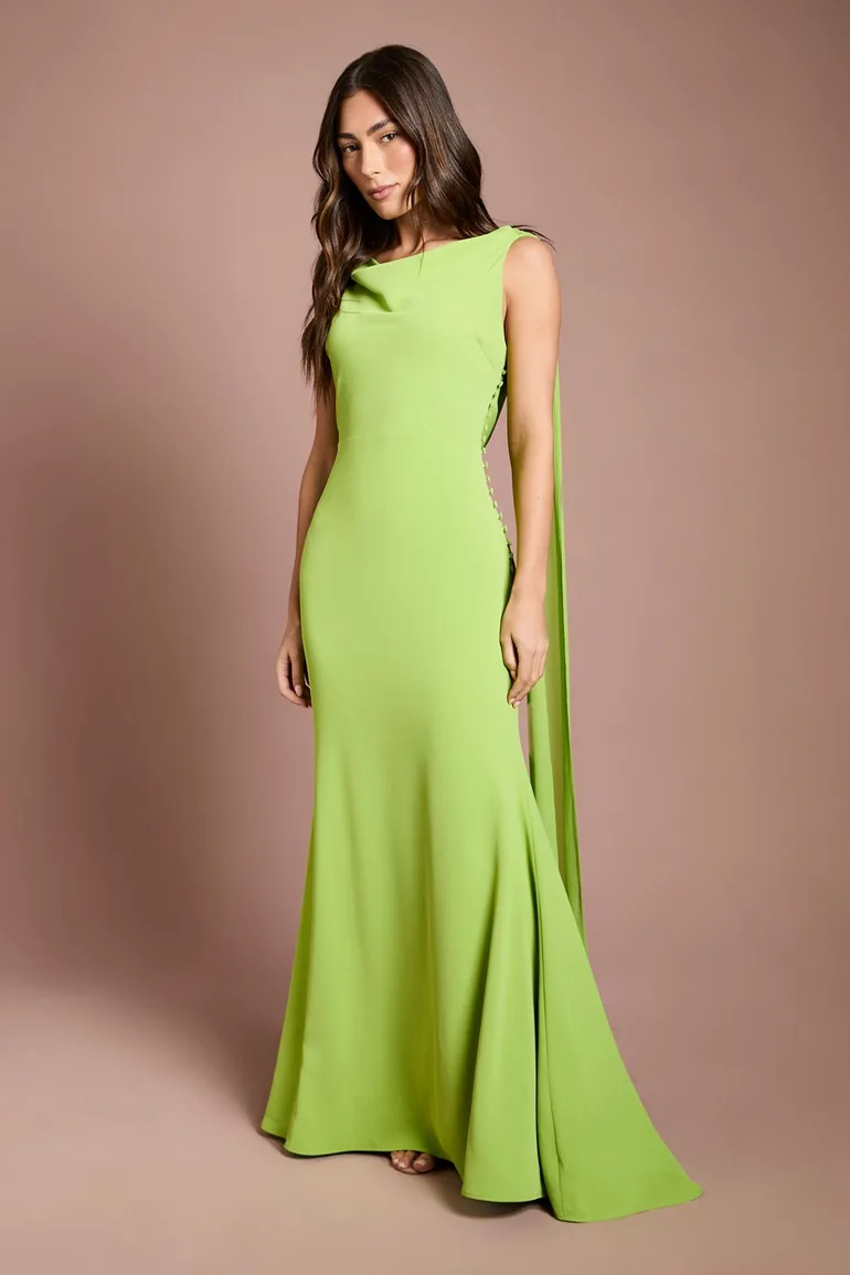 Chiffon Detail Cowl Back Crepe Maxi Dress