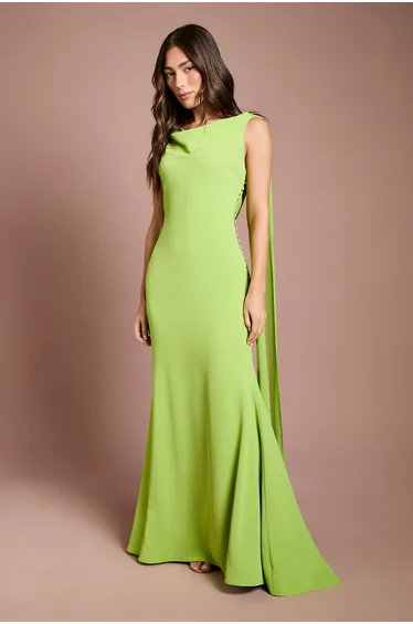 Chiffon Detail Cowl Back Crepe Maxi Dress
