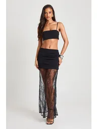 Sequin Lace Trim Maxi Skirt - black - 2