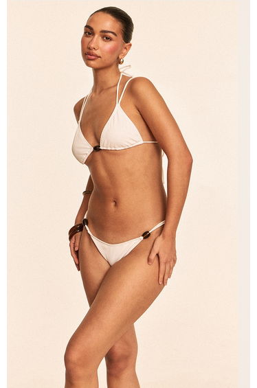 Ivory Ribbed Bead Trim Tanga Bikini Bottoms