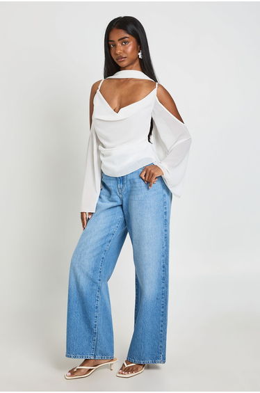 Chiffon Cold Shoulder Scarf Detail Blouse - ivory