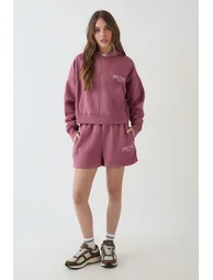 DSGN Studio Collegiate Applique Boxy Zip Through Hoodie - rose