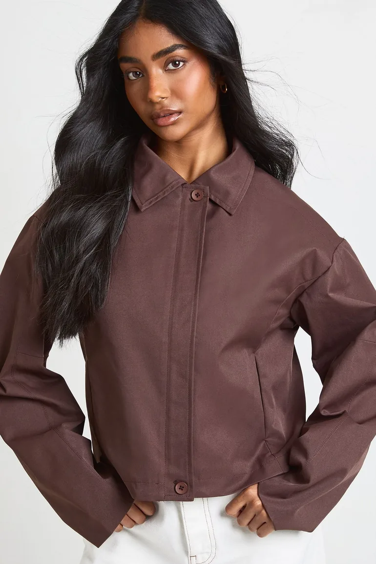 جاكيت قصير واقي من المطر بقصة عريضة - بني - 3