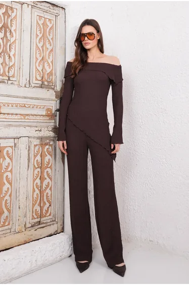 Women's Brown Carmen Collar Asymmetric Cut Blouse and Palazzo Pants Sets
