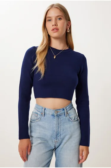 Women's Navy Blue Basic Crop Knit Sweater