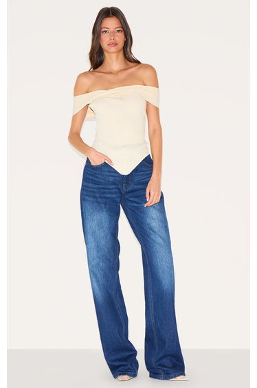 Cream Rib Knit Twist Bardot Button Through Top