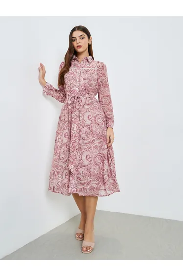 فستان قميص ميدي بأكمام طويلة - زهري