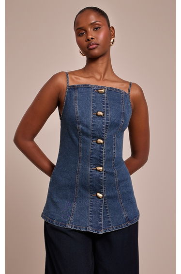 Dark Blue Gold Button Seam Detail Denim Cami Top