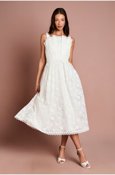 Fan Bodice Lace Midi Dress