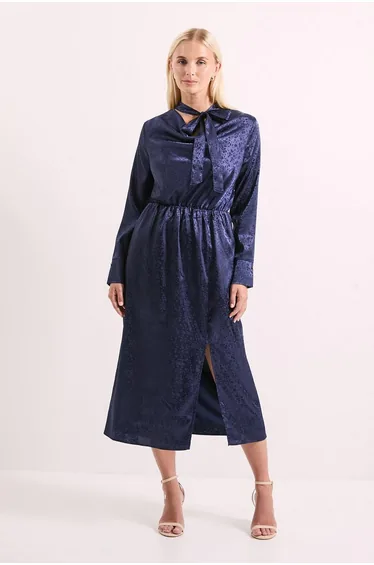 Navy Cowl Tie Neck Satin Jacquard Midi Dress