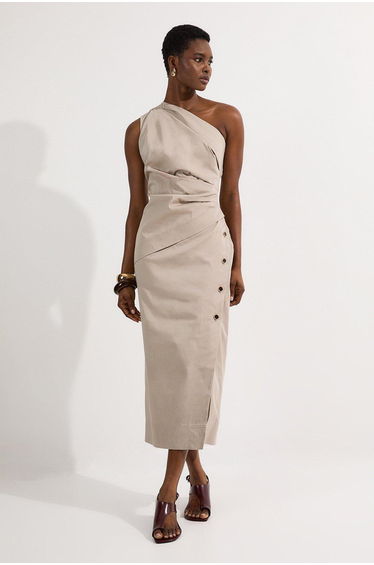 Tailored Polished Cotton Asymmetric Drape Pencil Dress