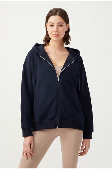 Women's Navy Blue Hooded Oversized Rayon Zipper Knitted Sweatshirt.