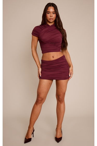 Dark Wine Slinky Soft Touch Ruched Mini Skirt