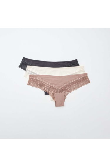 Pack of 3 pairs of cotton and lace tanga briefs PINK