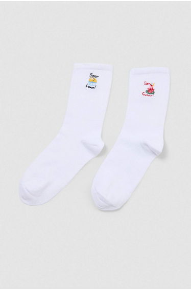 White-Multicolor 2-Piece Embroidered Jacquard Knitted Socks