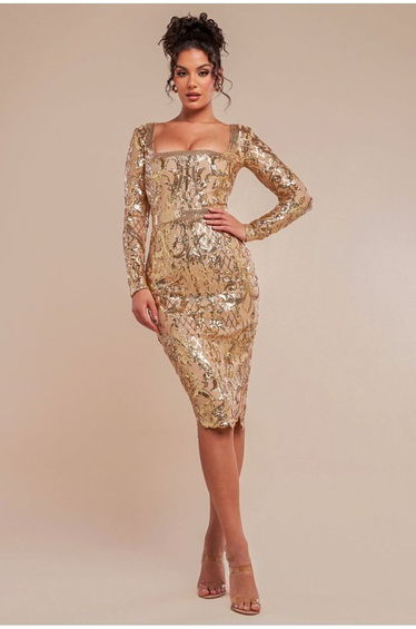 Goddiva Sequin Square Neck Bodycon Midi Dress With Scalloped Hem - Gold