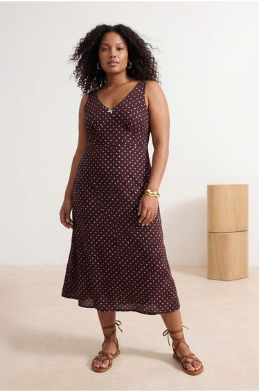 Brown Polka Dot Bow Maxi Tulle Stretch Knitted Plus Size Dress