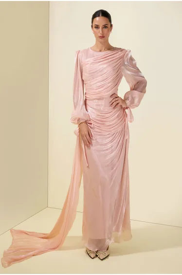 Gathering Lantern Sleeve Lace-Up Maxi Dress
