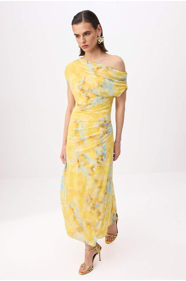 Yellow-Multicolor Floral Straight-Cut Knitted Tulle Maxi Lined Stylish/Evening Dress