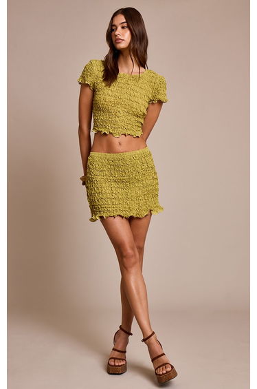 Olive Crinkle Textured Jersey Low Rise Micro Mini Skirt