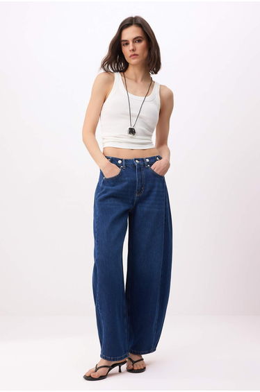 Blue High Waist Baggy Tencel Blended Jeans