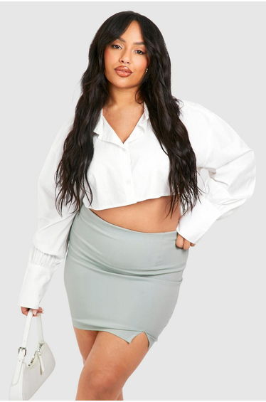 Plus Bengaline Split Front Mini Skirt - sage